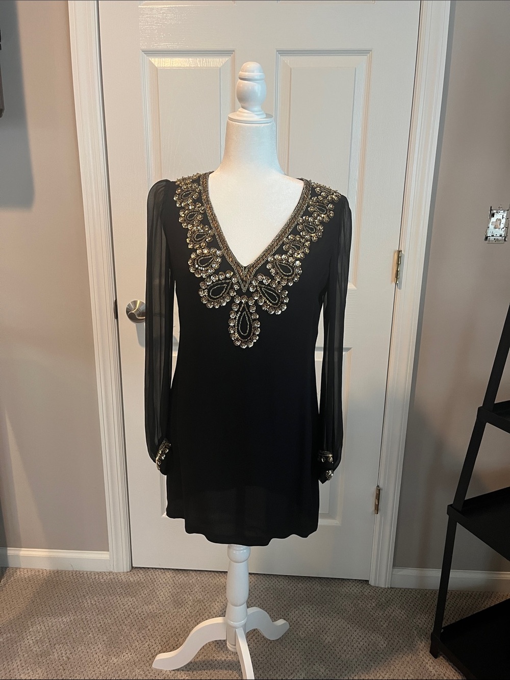 French Connection Black Long-Sleeve Beaded V-Neck Tunic